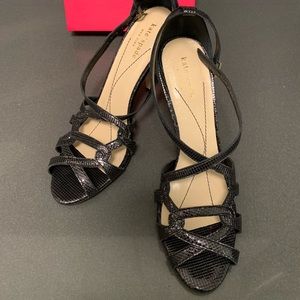 New Kate Spade Black Shiny Strappy Sandals Heels 8